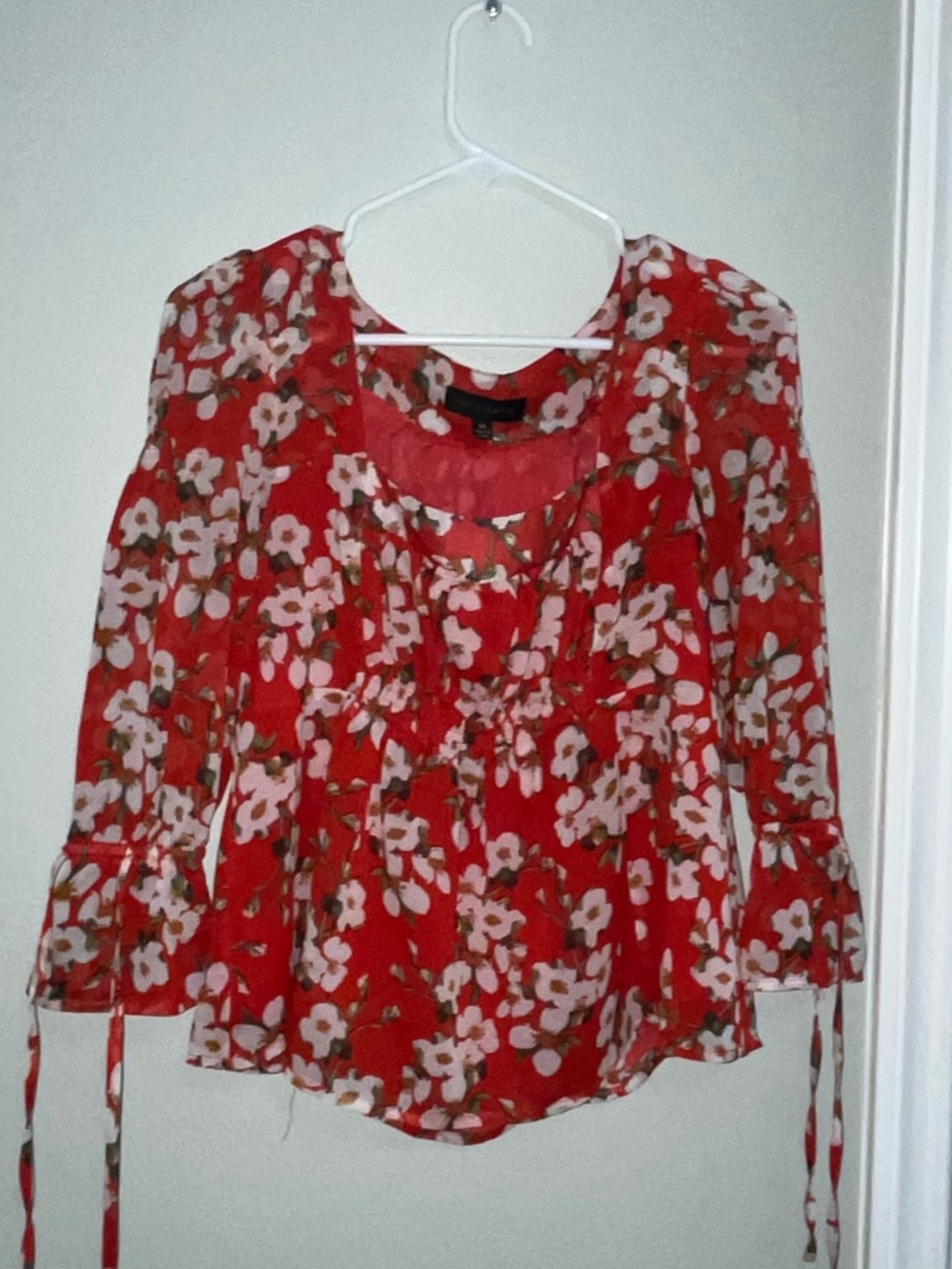 Dance & Marvel Red Floral Tie-Sleeve Blouse